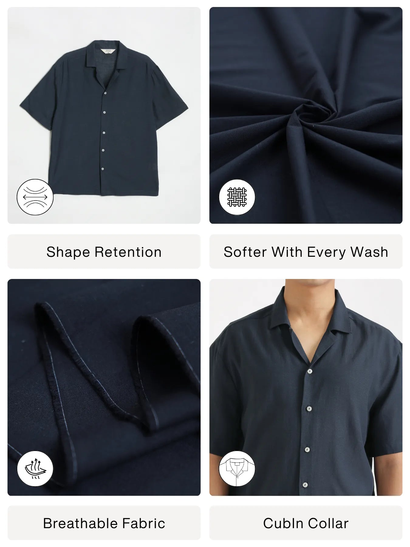 Men Flowy Linen Cuban Collar Navy Blue Shirt