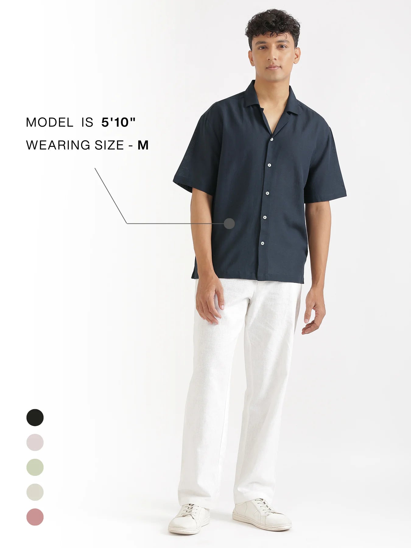 Men Flowy Linen Cuban Collar Navy Blue Shirt