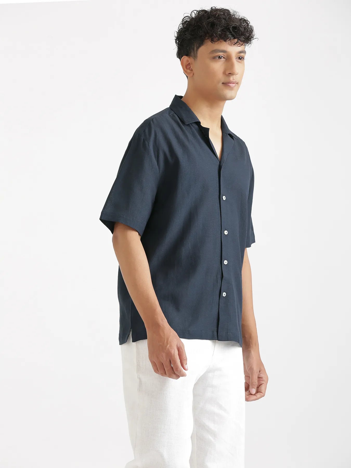 Men Flowy Linen Cuban Collar Navy Blue Shirt