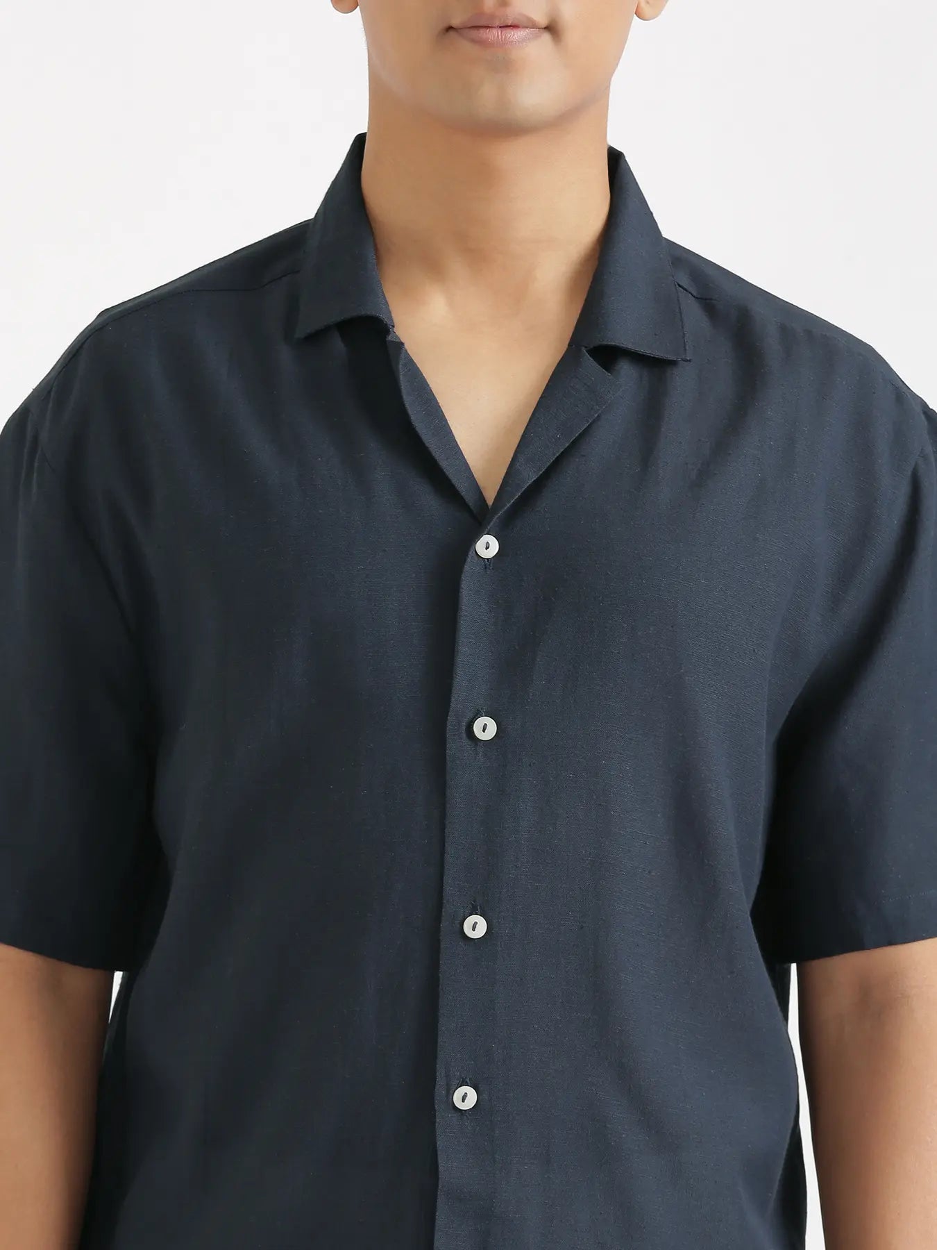 Men Flowy Linen Cuban Collar Navy Blue Shirt
