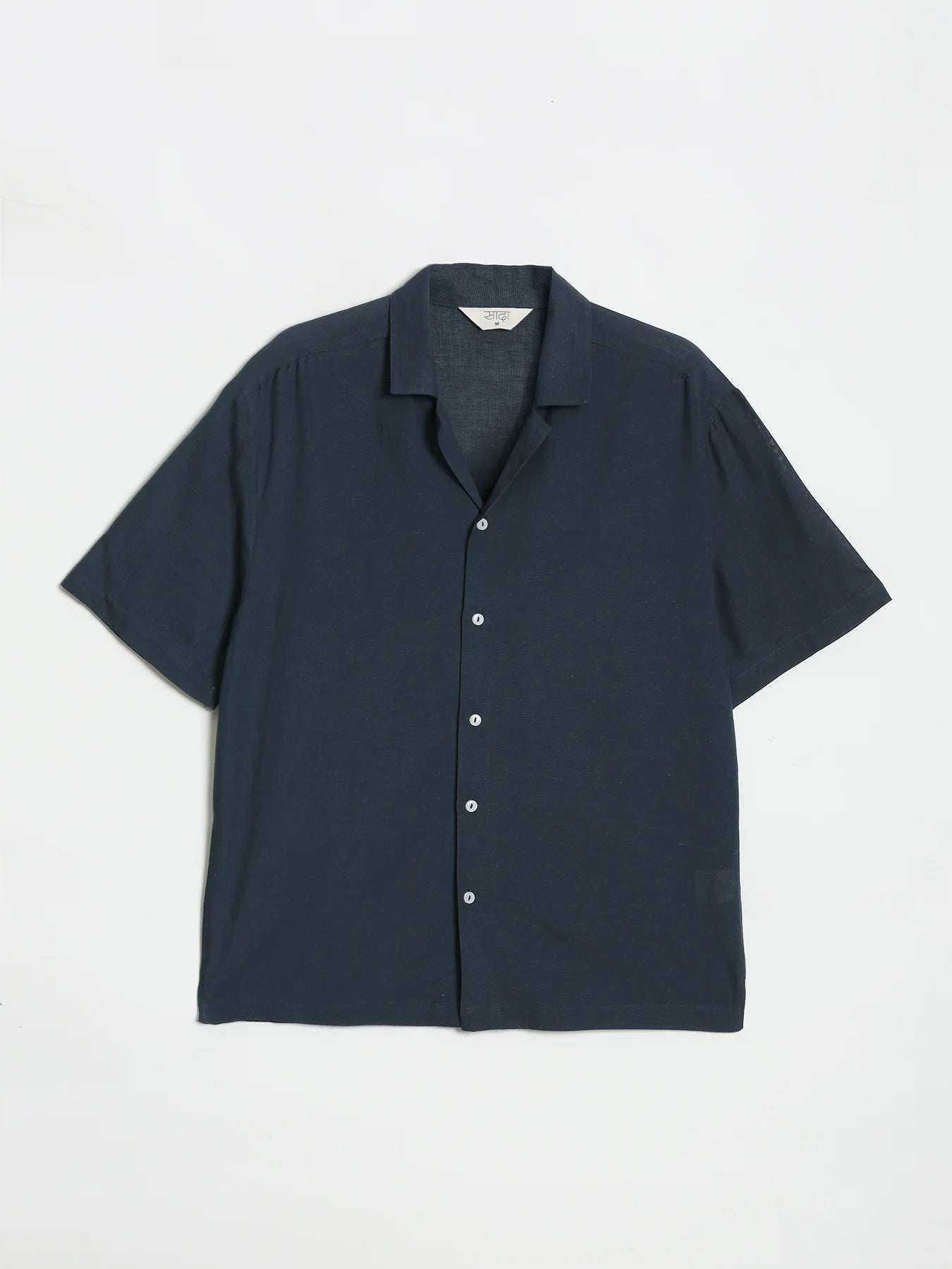 Men Flowy Linen Cuban Collar Navy Blue Shirt