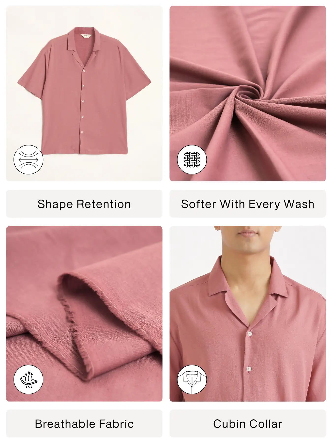 Men Flowy Linen Cuban Collar Rose Taupe Shirt