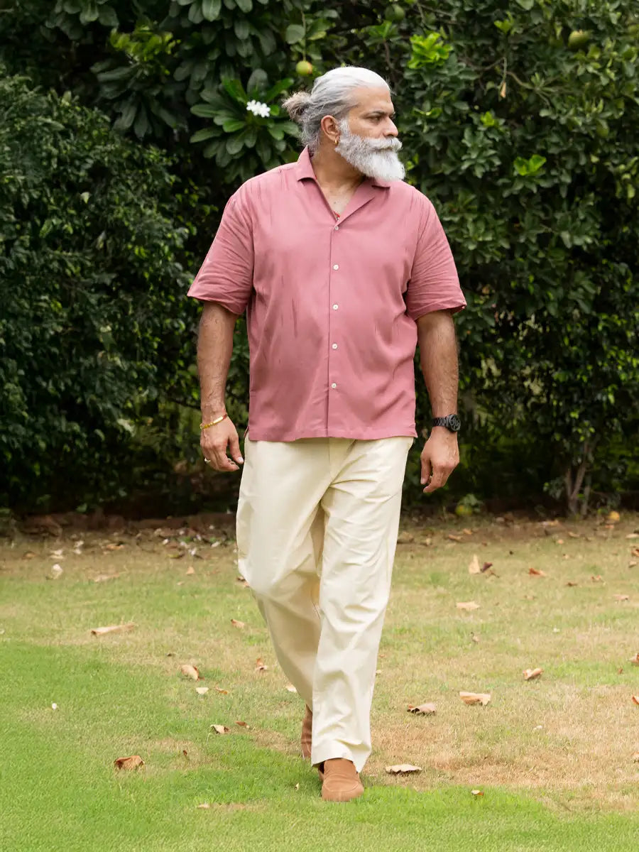 Men Flowy Linen Cuban Collar Rose Taupe Shirt
