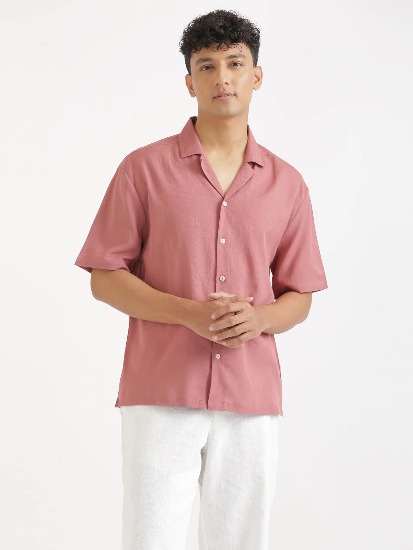 Men Flowy Linen Cuban Collar Rose Taupe Shirt