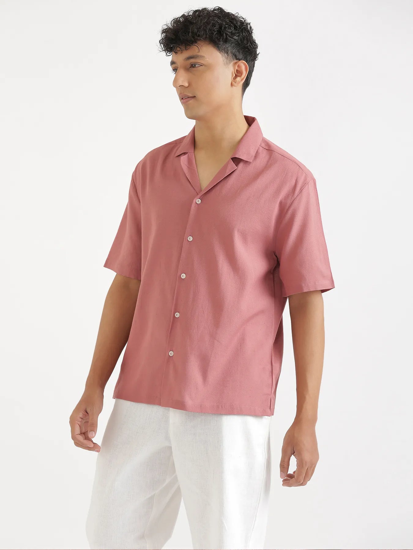 Men Flowy Linen Cuban Collar Rose Taupe Shirt