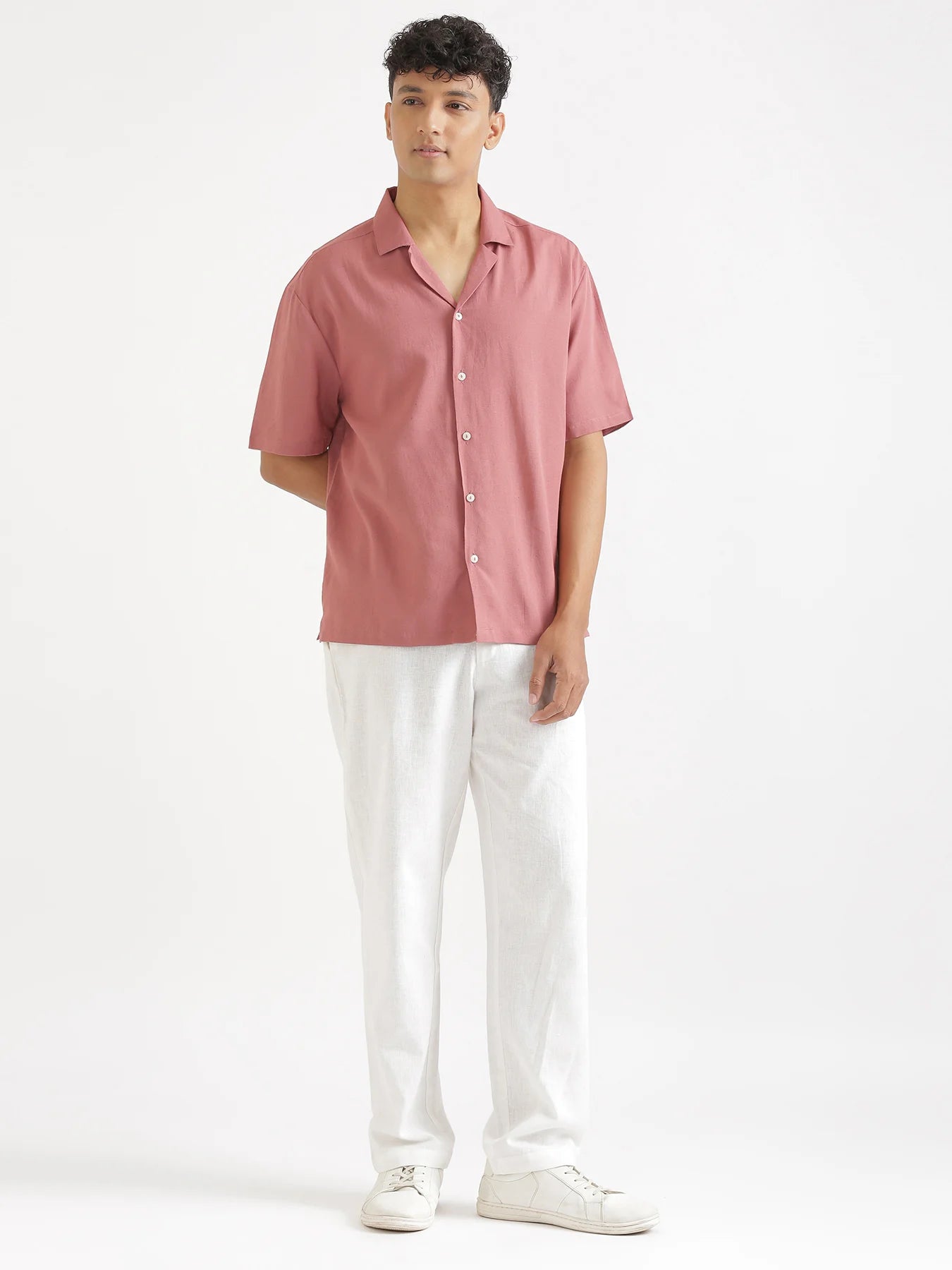 Men Flowy Linen Cuban Collar Rose Taupe Shirt