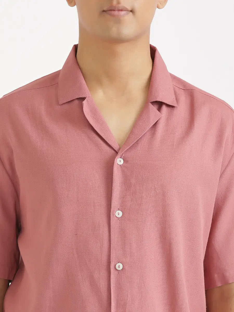 Men Flowy Linen Cuban Collar Rose Taupe Shirt