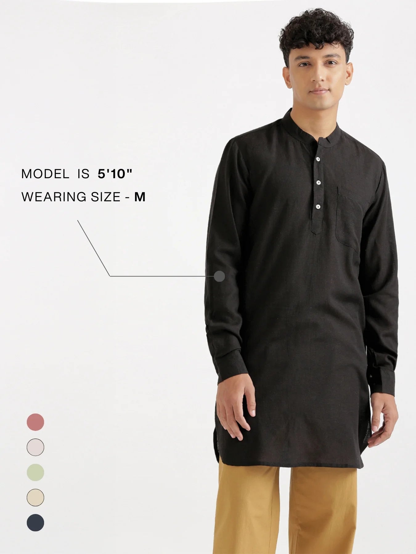 Men Black Flowy Linen Long Kurta