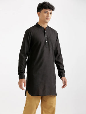 Men Black Flowy Linen Long Kurta