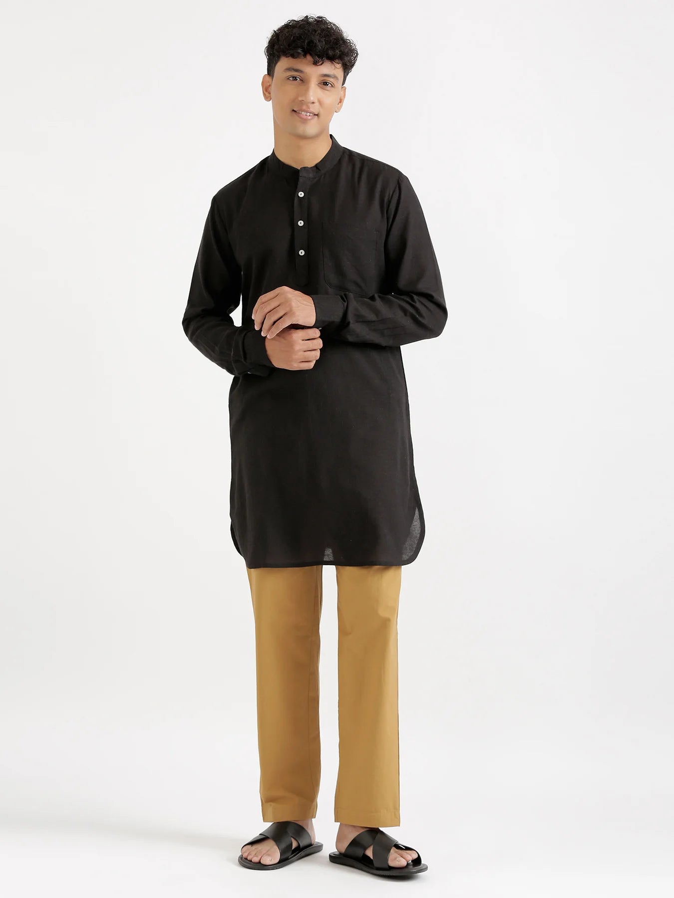 Men Black Flowy Linen Long Kurta