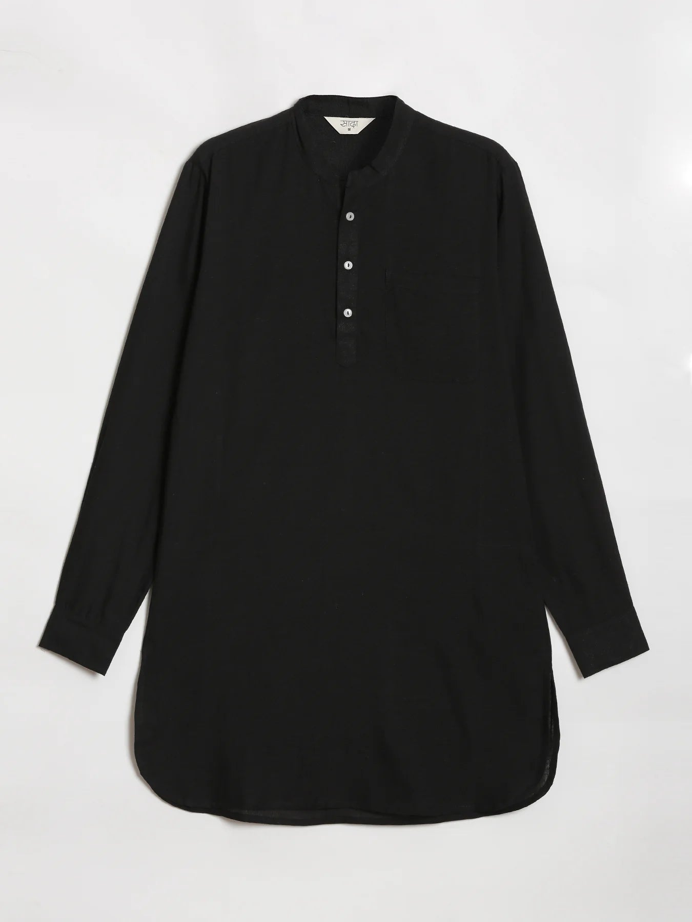Men Black Flowy Linen Long Kurta