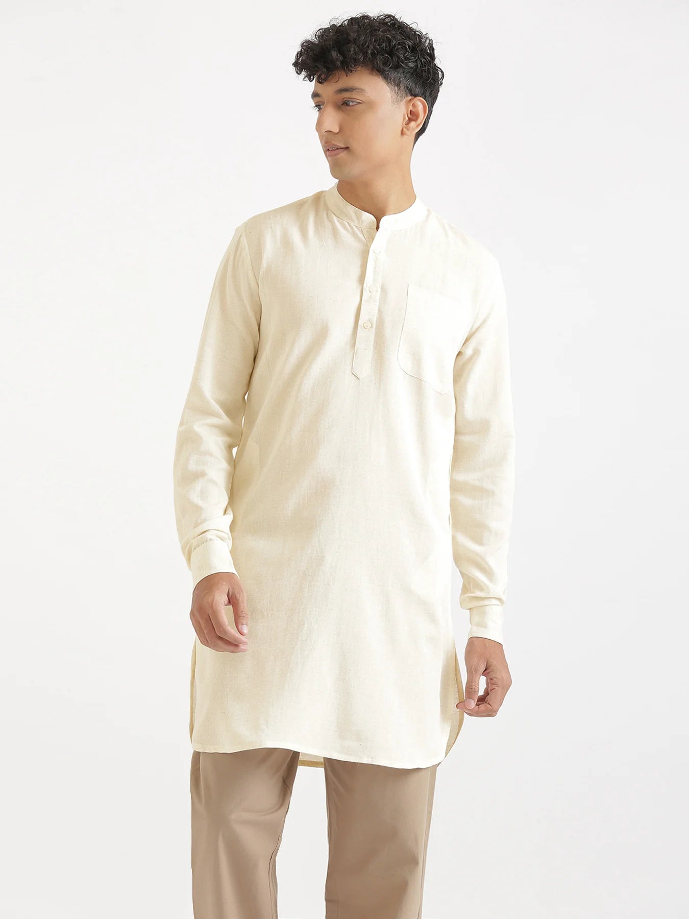 Men Ecru Flowy Linen Long Kurta