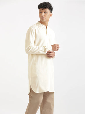 Men Ecru Flowy Linen Long Kurta