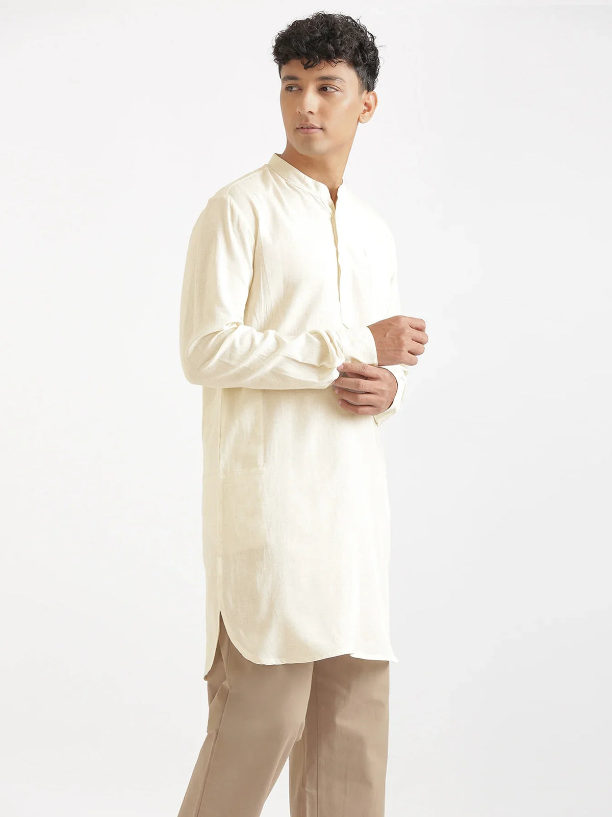 Pick Any 3 Men Flowy Linen Long Kurta - Ecru