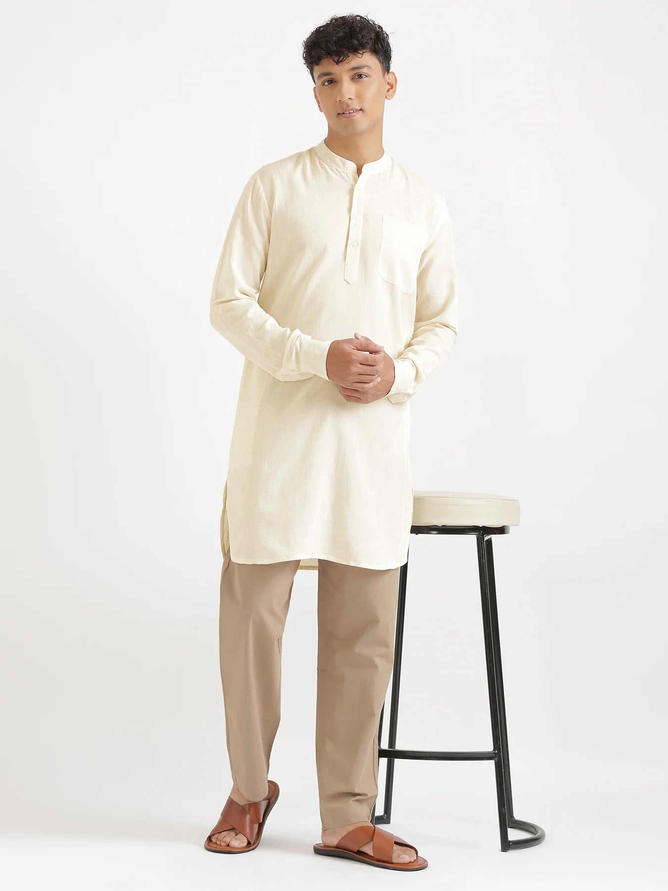 Men Ecru Flowy Linen Long Kurta