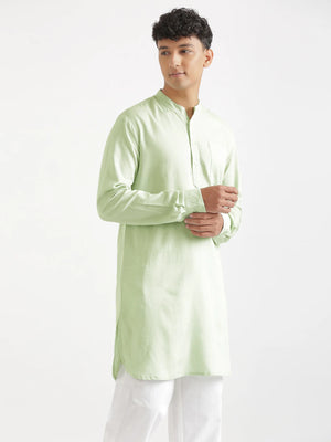 Men Mint Green Flowy Linen Long Kurta