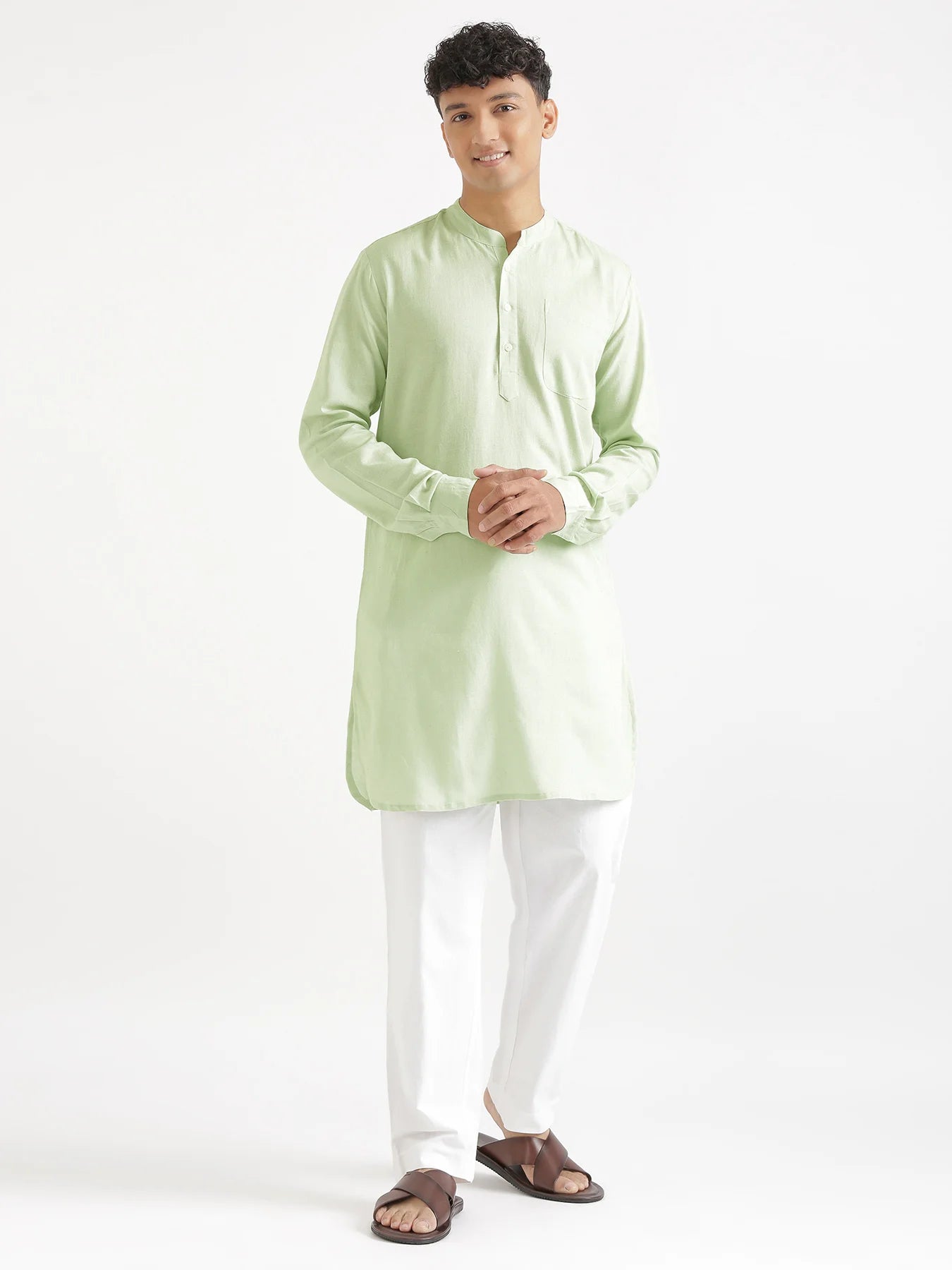 Men Mint Green Flowy Linen Long Kurta