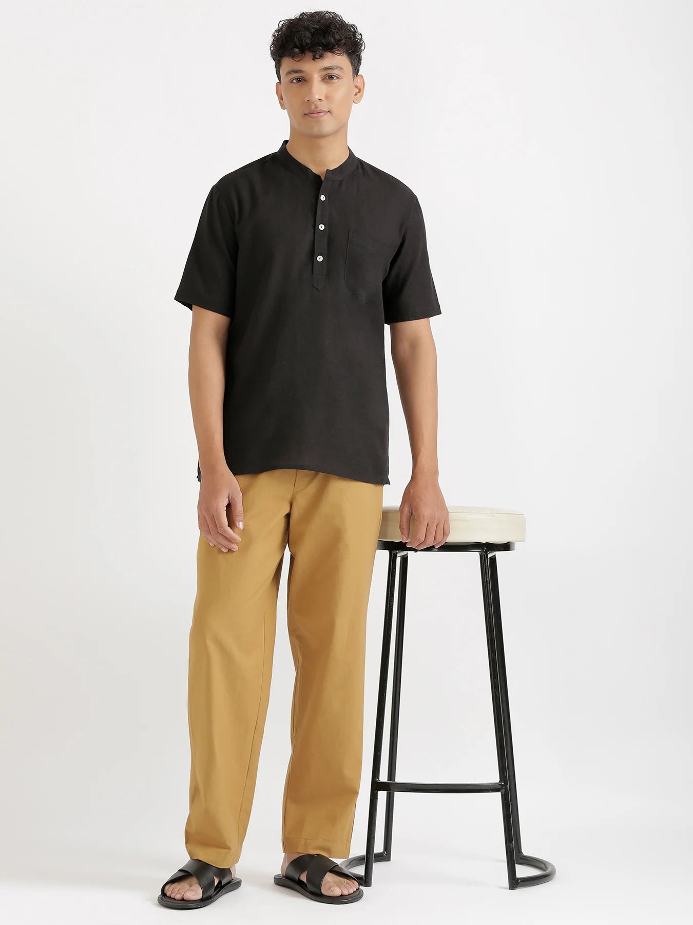Men Flowy Linen Half Sleeve Black Kurta