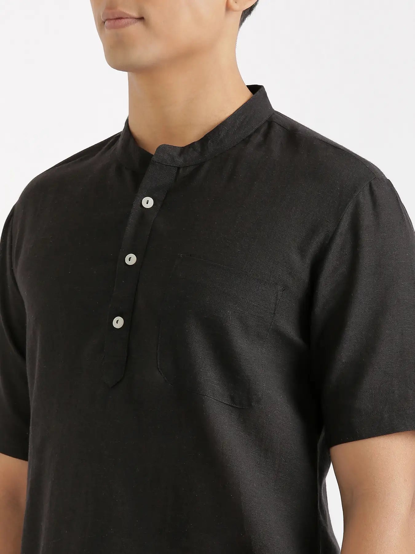 Men Flowy Linen Half Sleeve Black Kurta