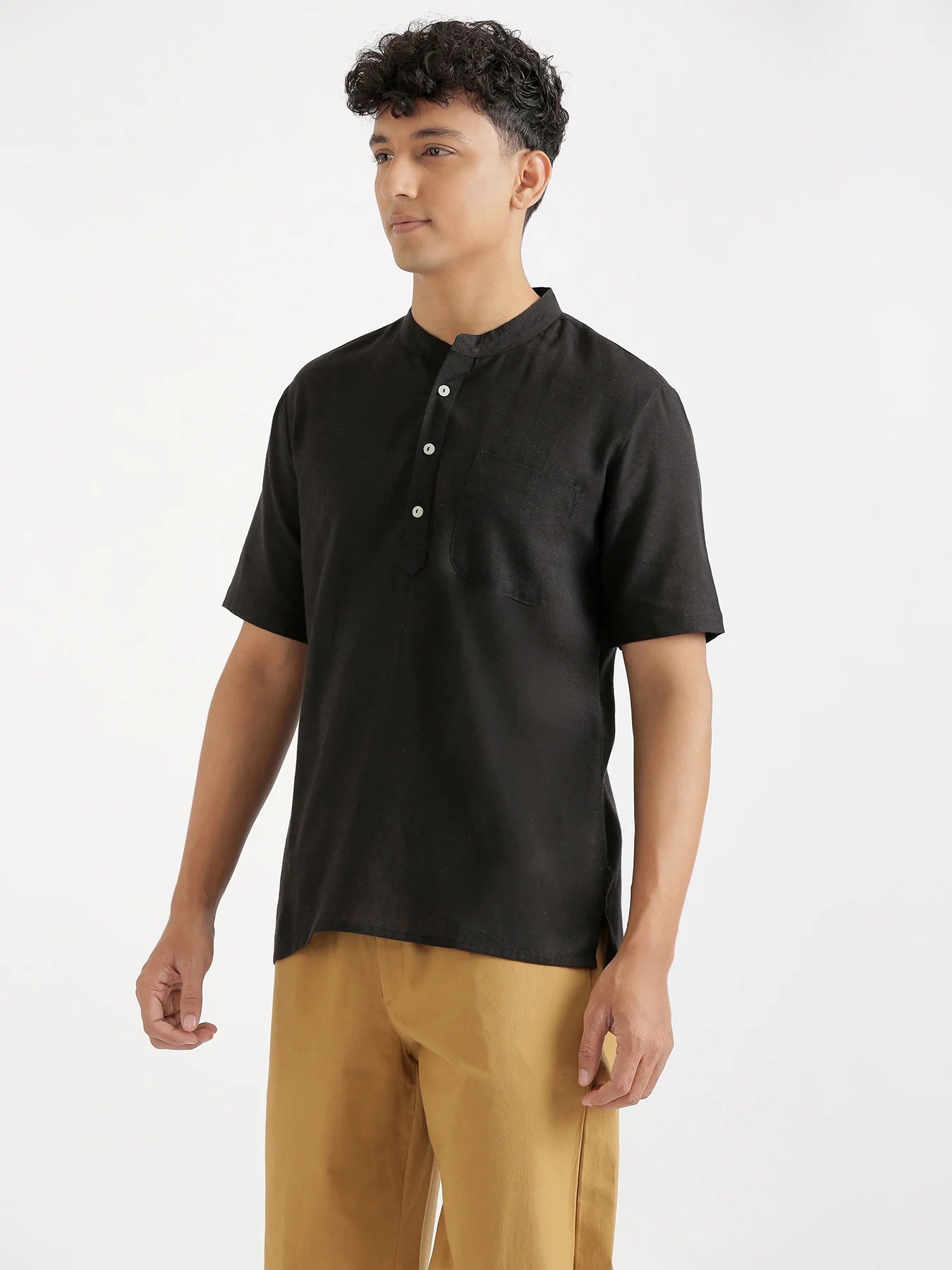 Men Flowy Linen Half Sleeve Black Kurta