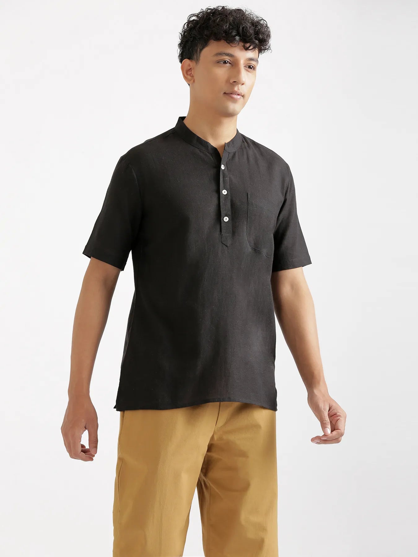 Men Flowy Linen Half Sleeve Black Kurta