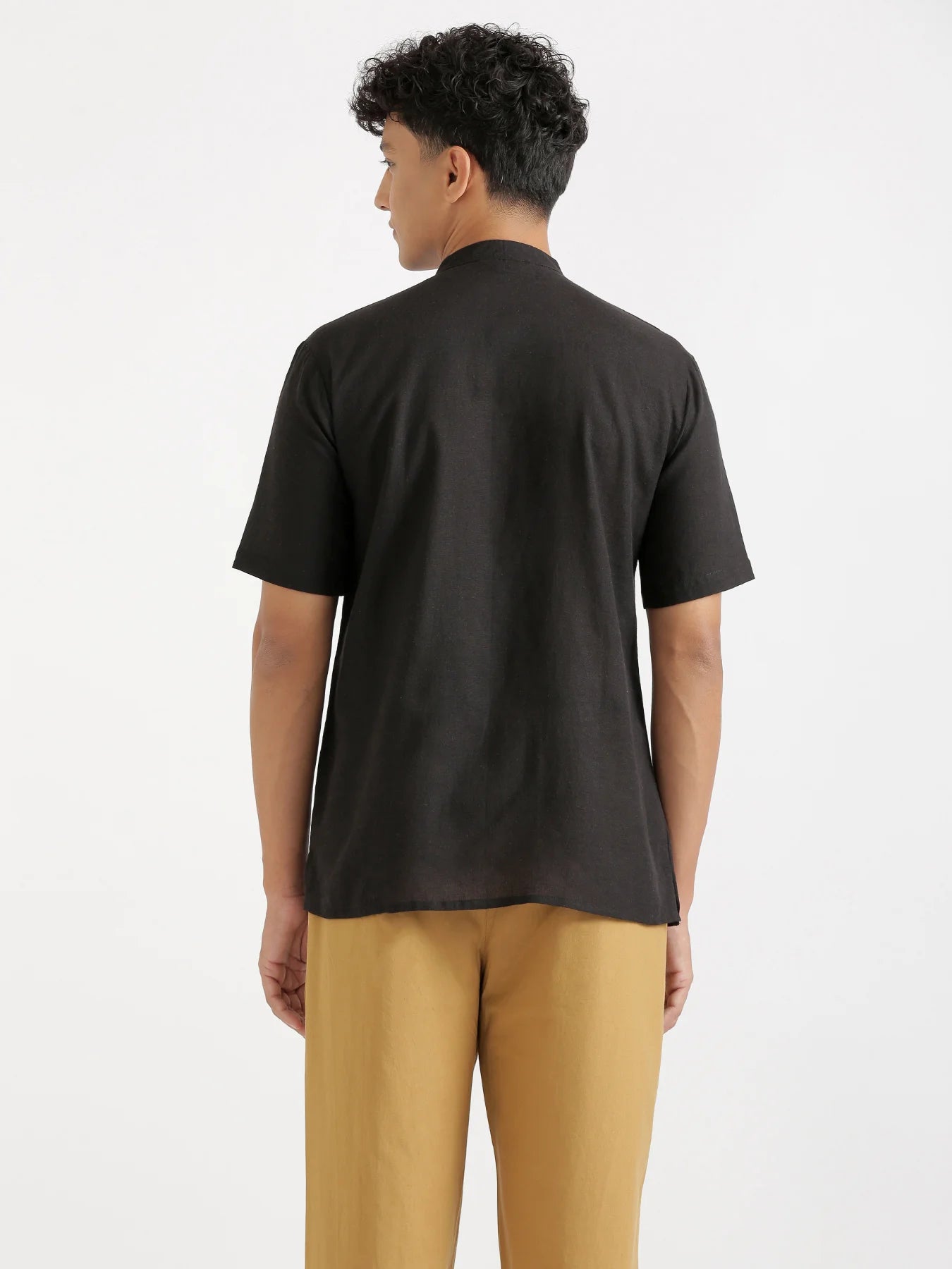 Men Flowy Linen Half Sleeve Black Kurta