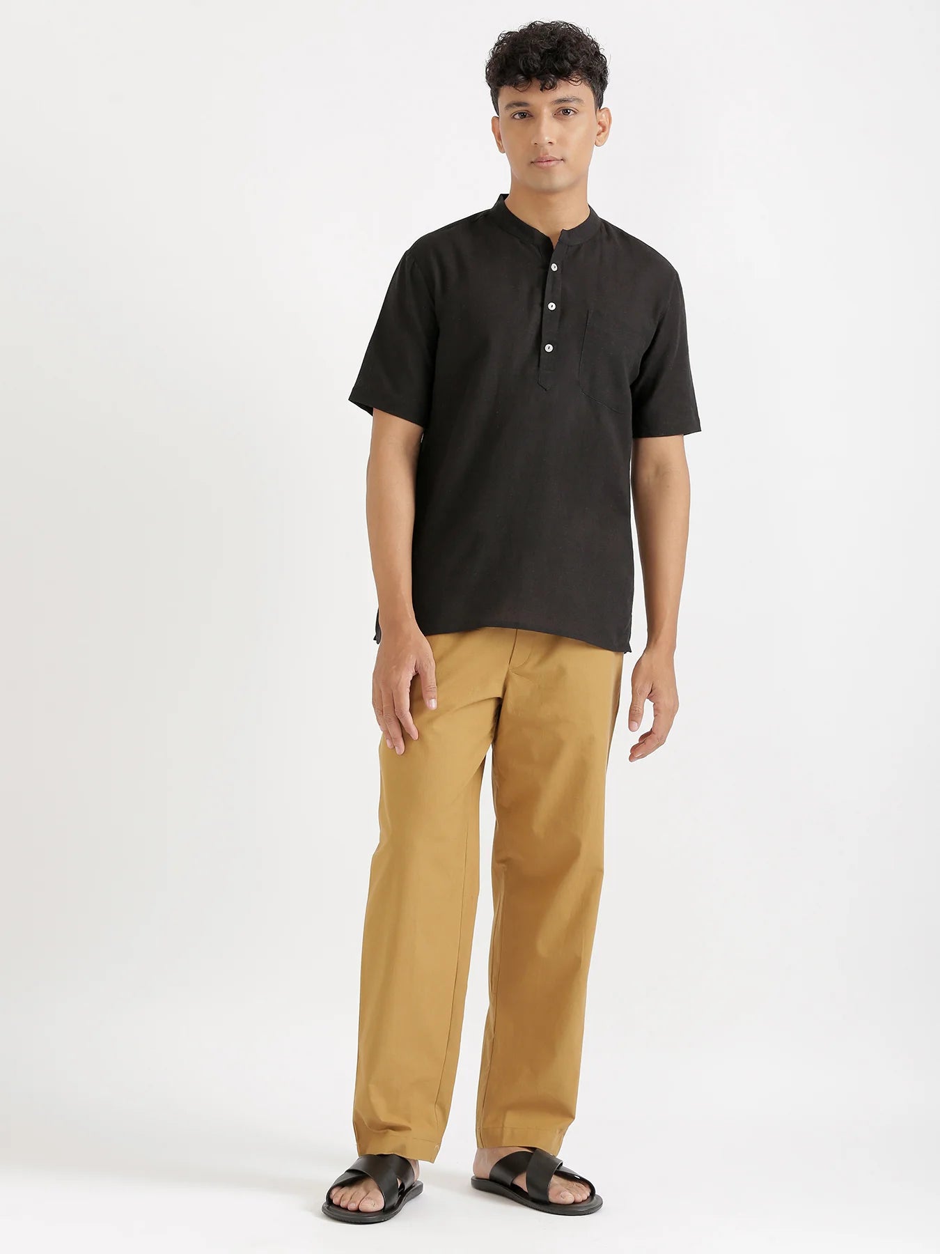 Men Flowy Linen Half Sleeve Black Kurta