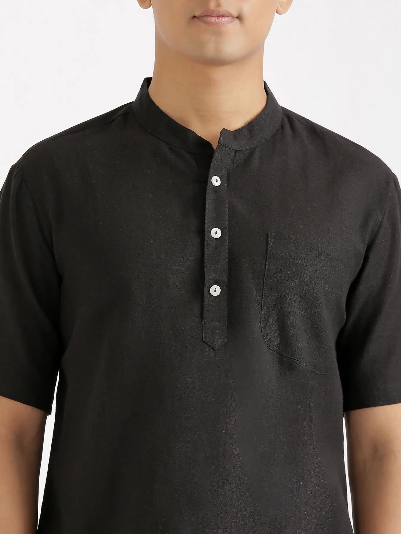 Men Flowy Linen Half Sleeve Black Kurta