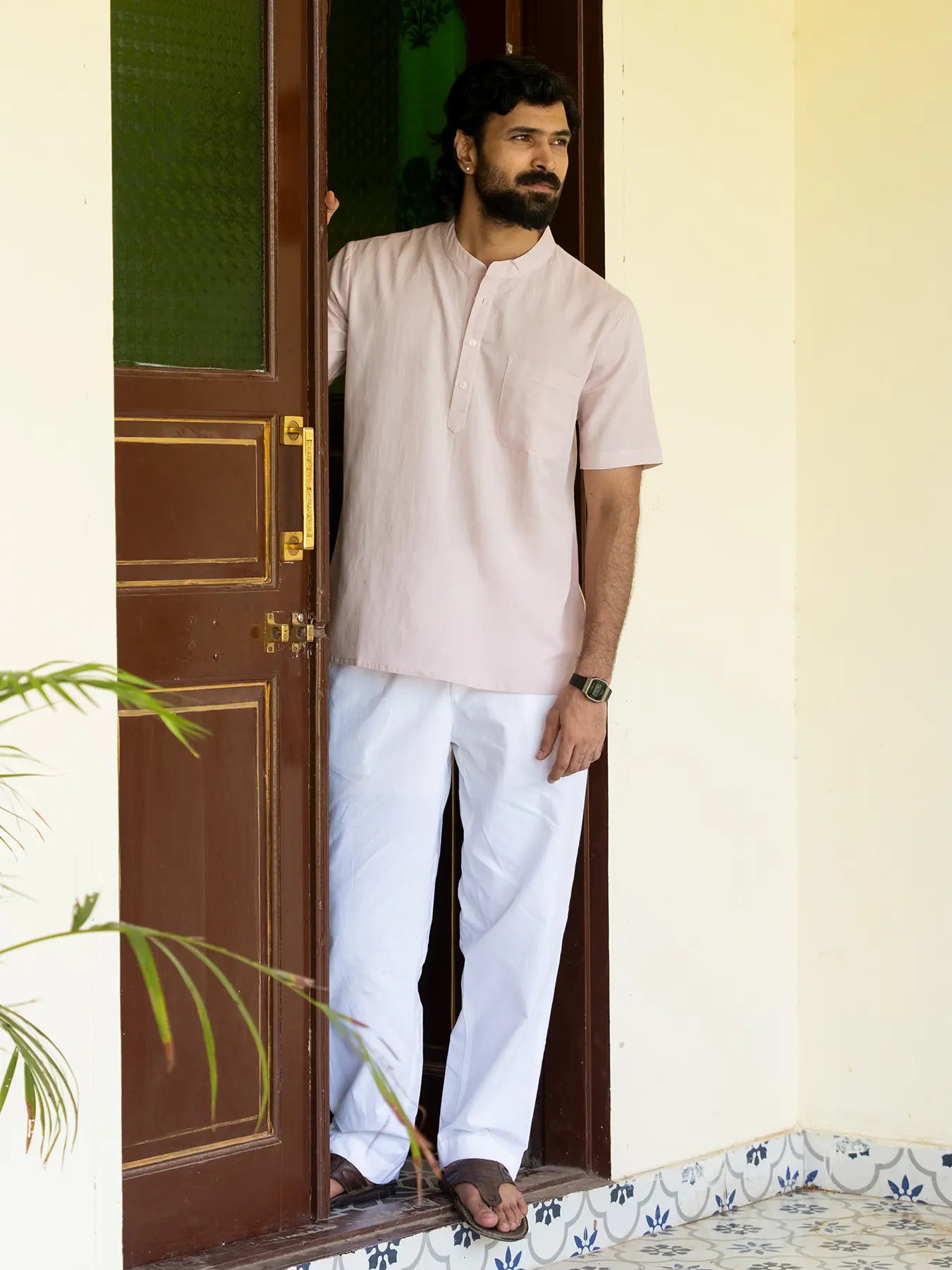 Men Flowy Linen Half Sleeve Blush Pink Kurta