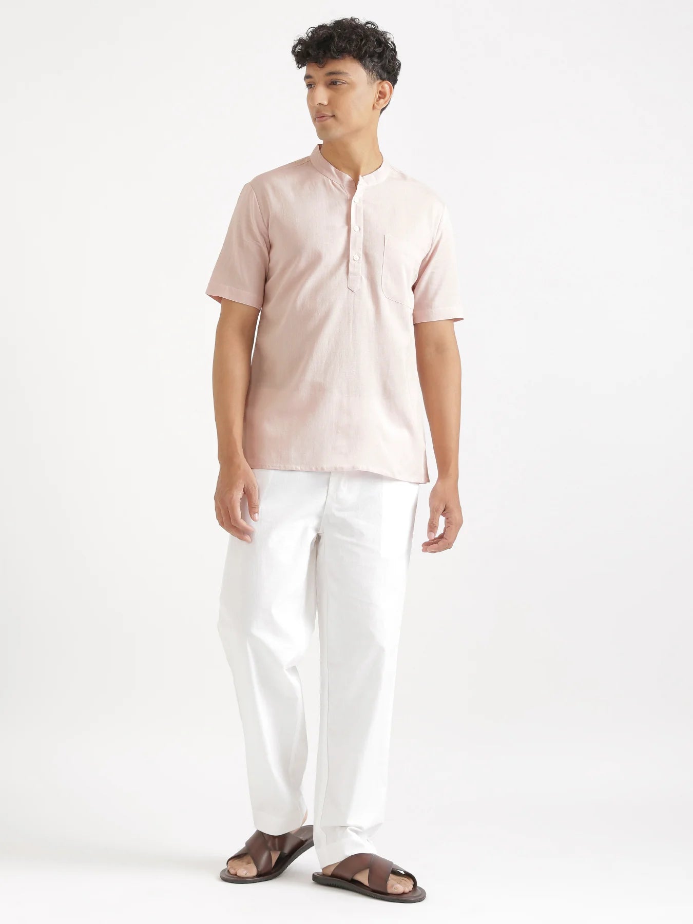 Men Flowy Linen Half Sleeve Blush Pink Kurta