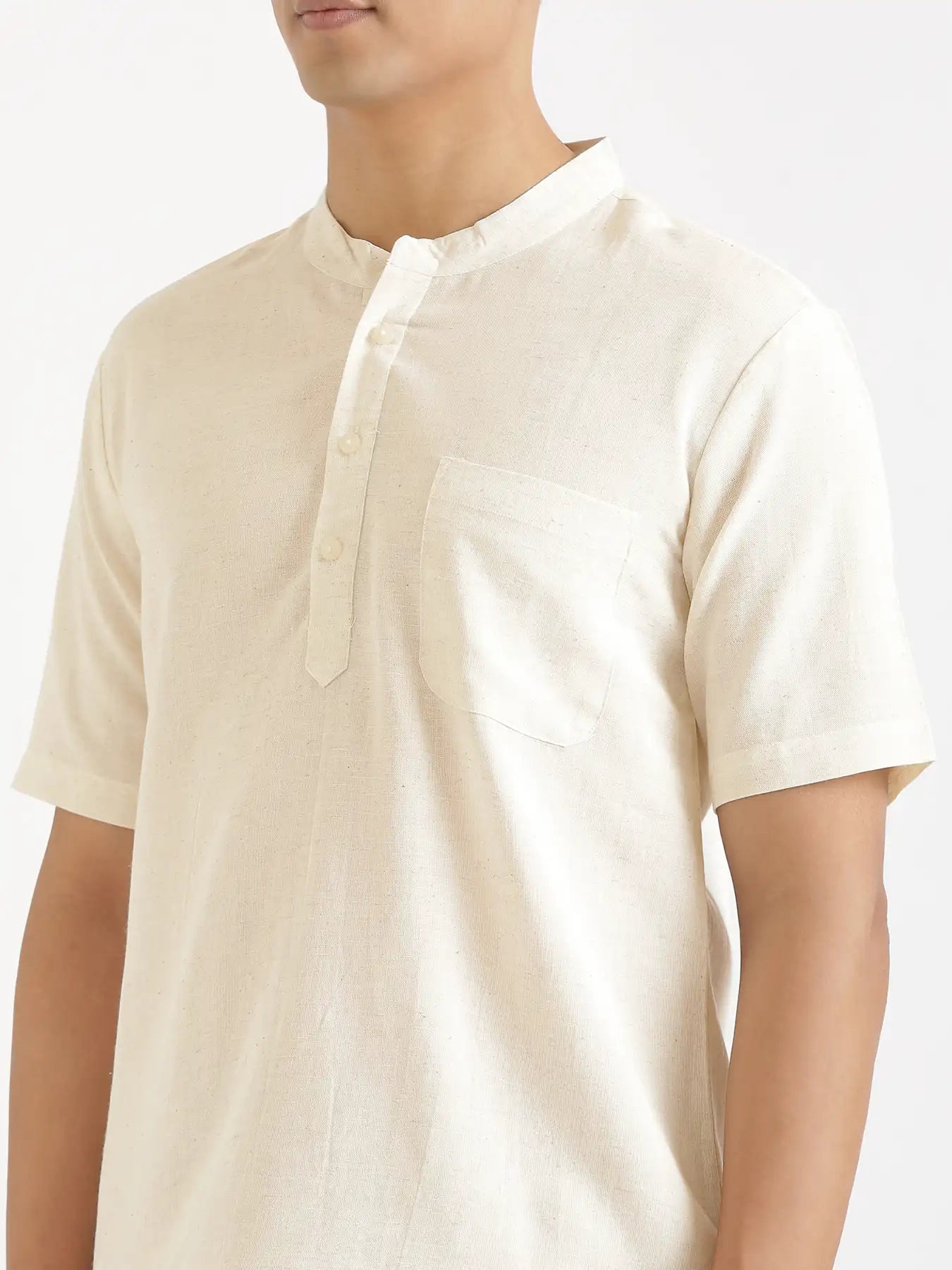 Men Flowy Linen Half Sleeve Ecru Kurta