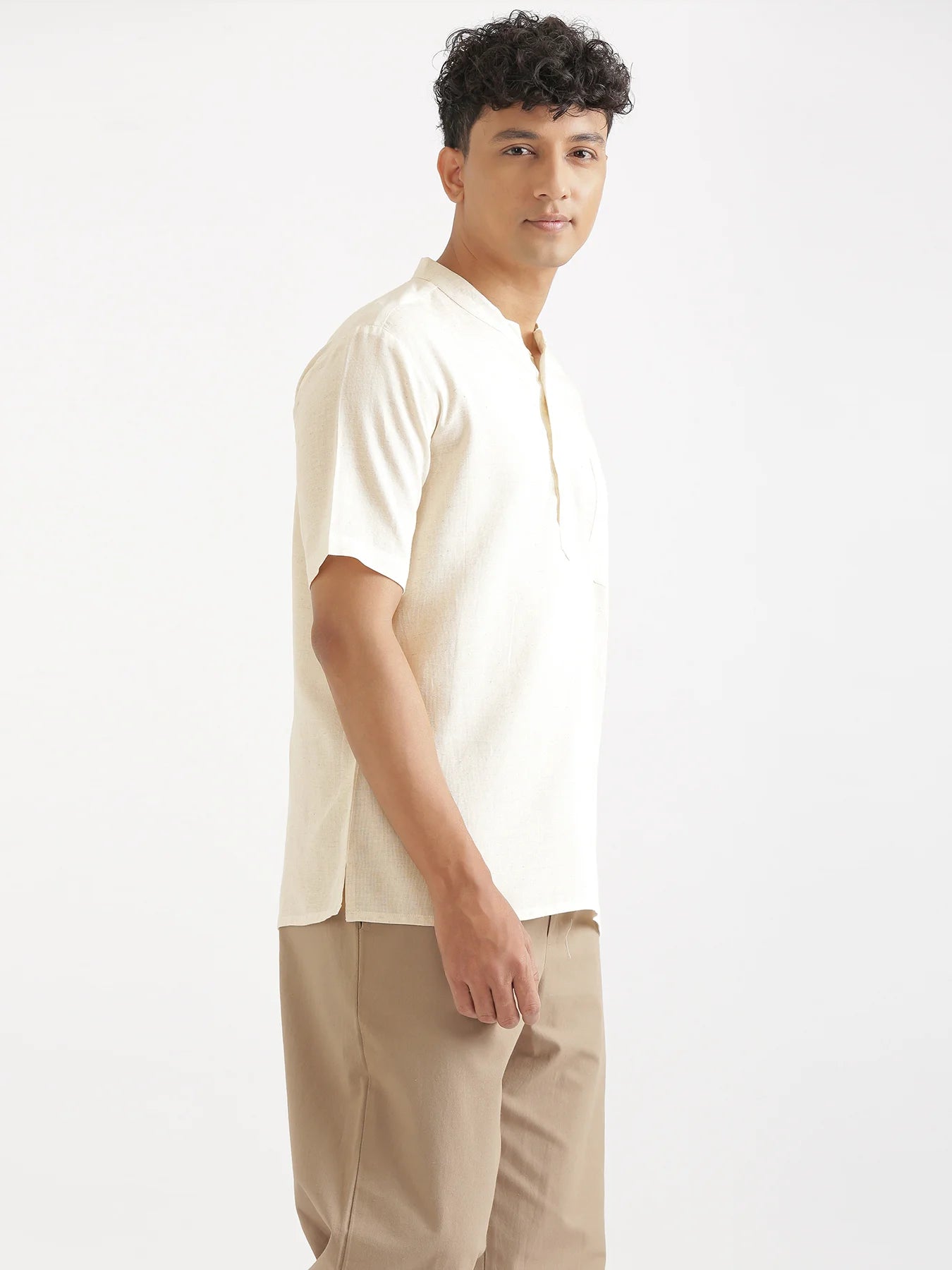 Men Flowy Linen Half Sleeve Ecru Kurta