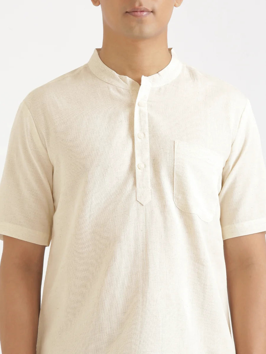 Men Flowy Linen Half Sleeve Ecru Kurta