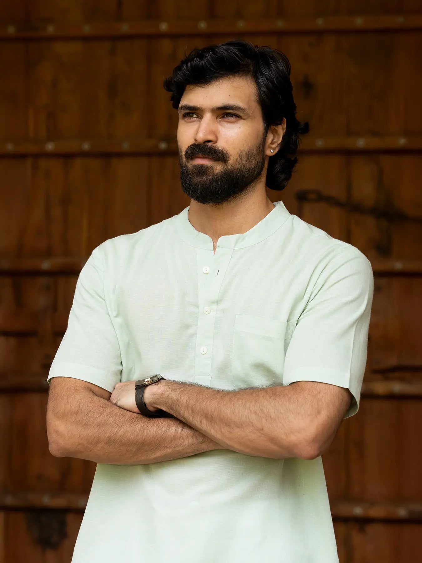 Men Flowy Linen Half Sleeve Mint Green Kurta