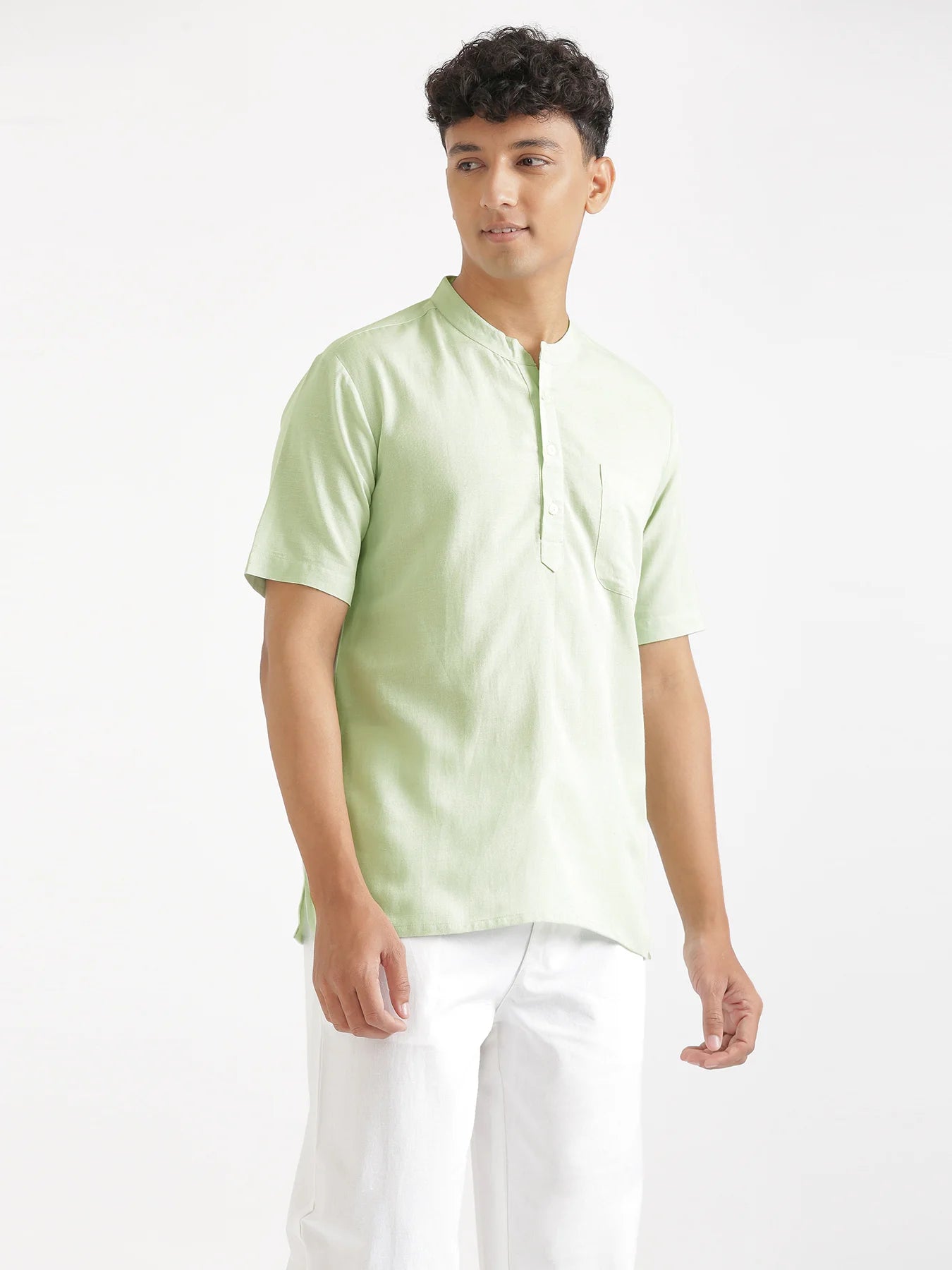 Men Flowy Linen Half Sleeve Mint Green Kurta