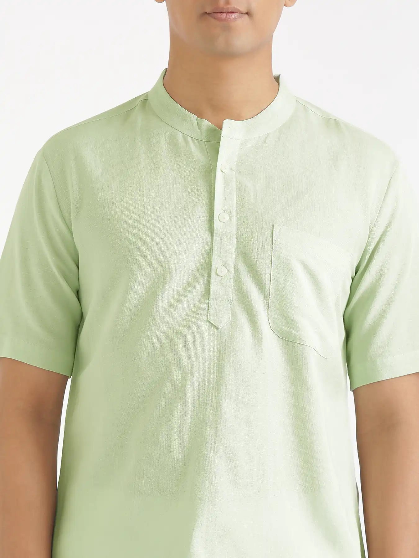 Men Flowy Linen Half Sleeve Mint Green Kurta