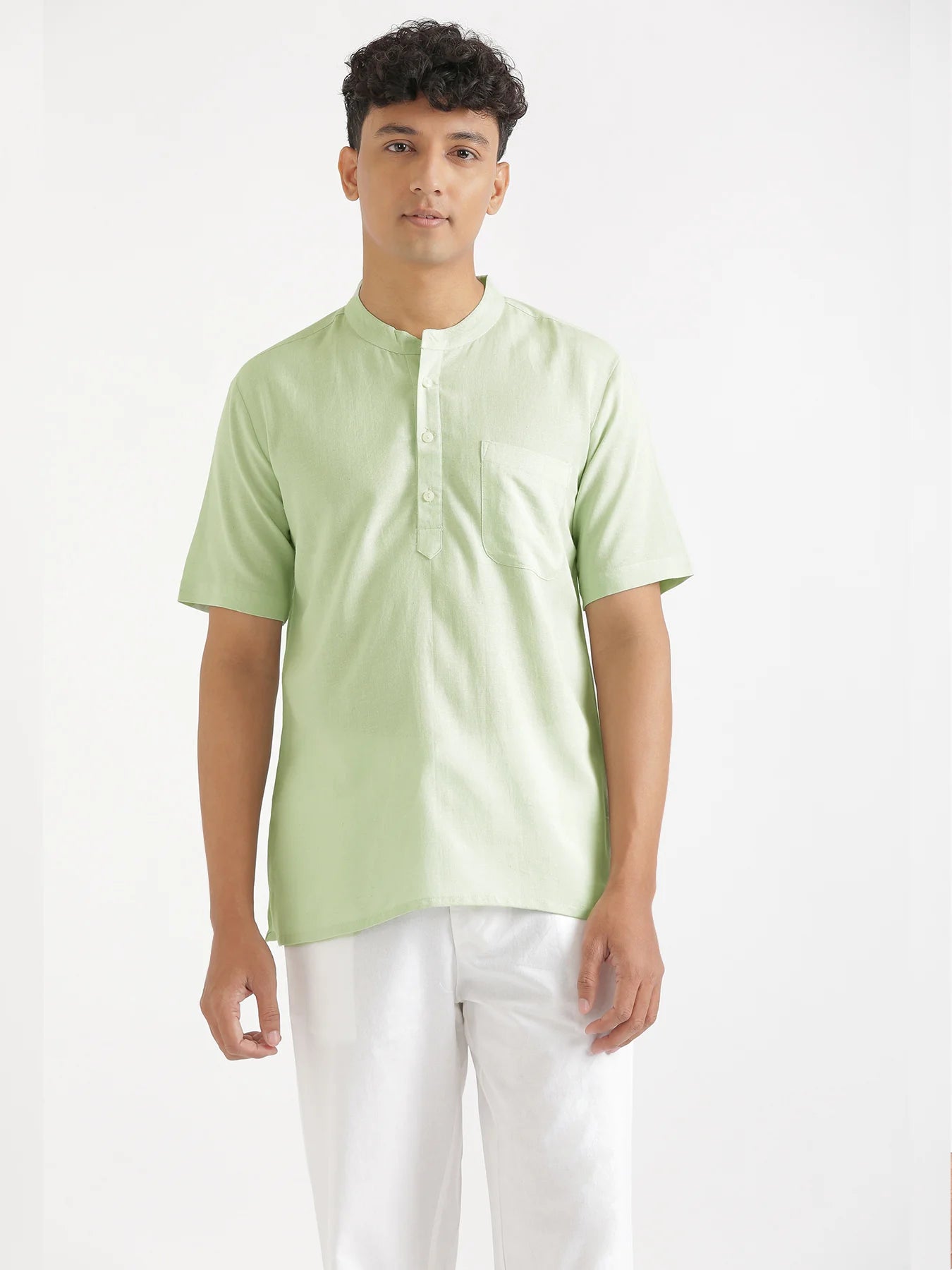 Men Flowy Linen Half Sleeve Mint Green Kurta