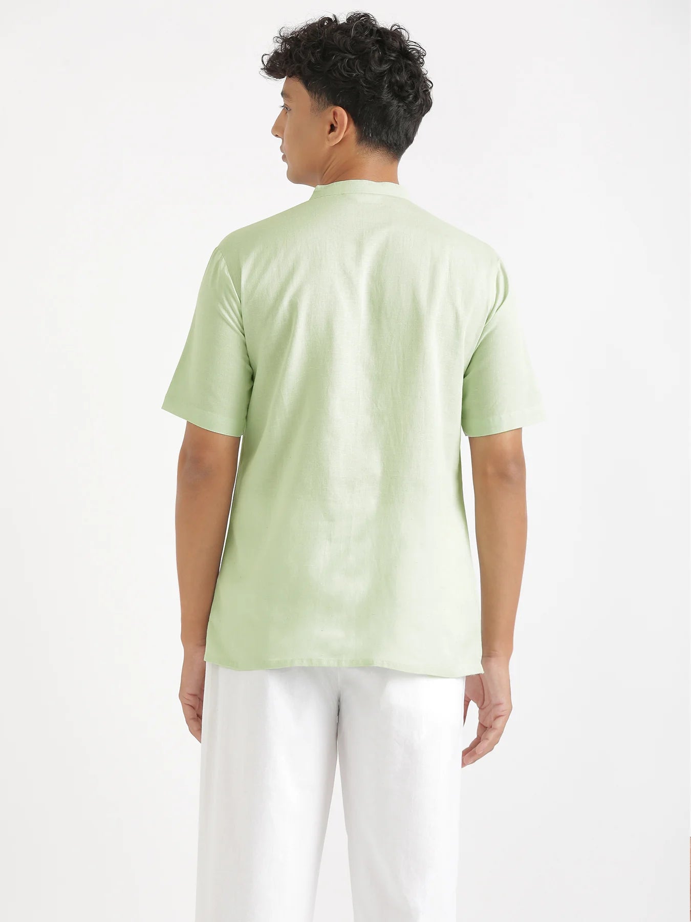 Men Flowy Linen Half Sleeve Mint Green Kurta