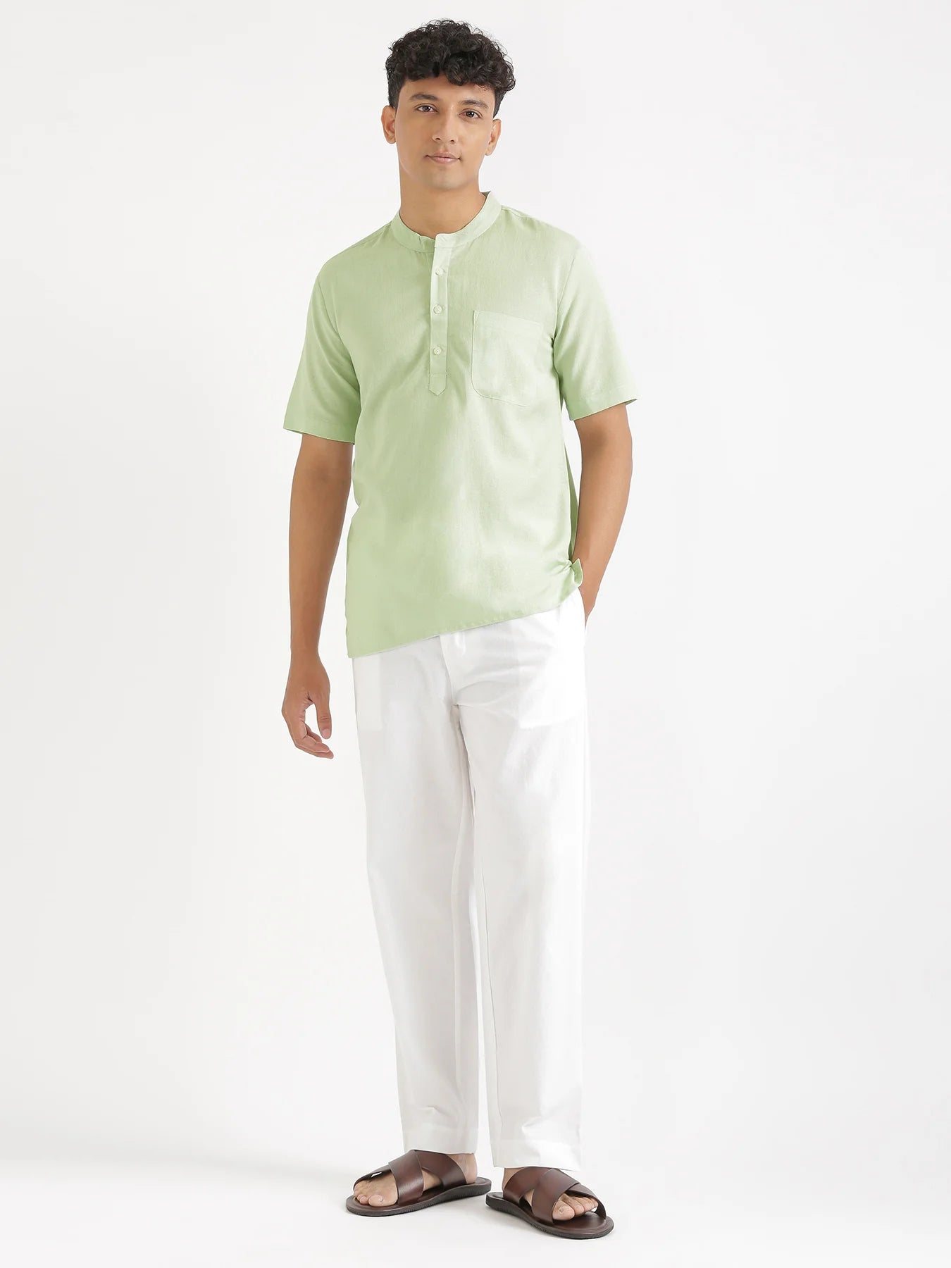 Men Flowy Linen Half Sleeve Mint Green Kurta