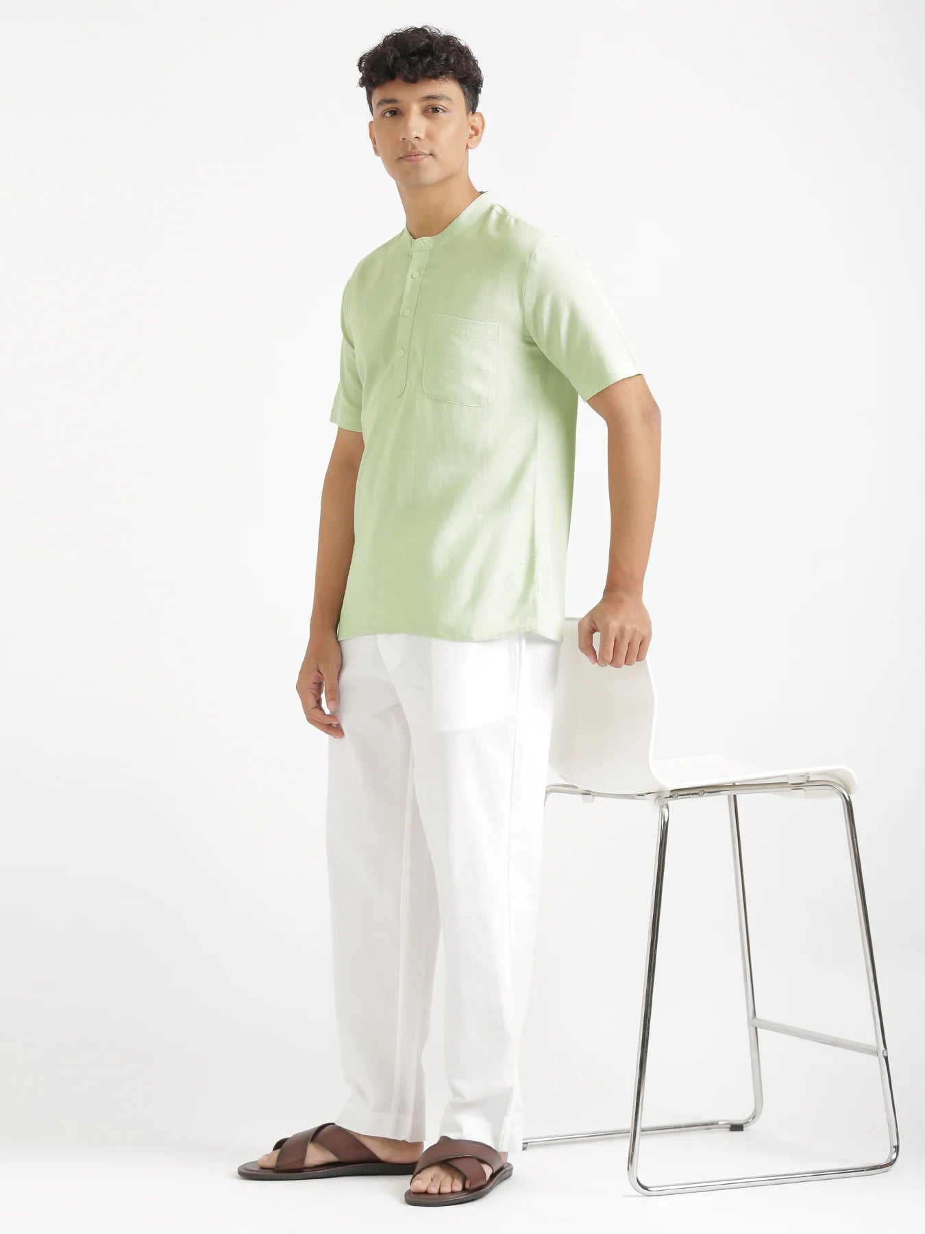 Men Flowy Linen Half Sleeve Mint Green Kurta