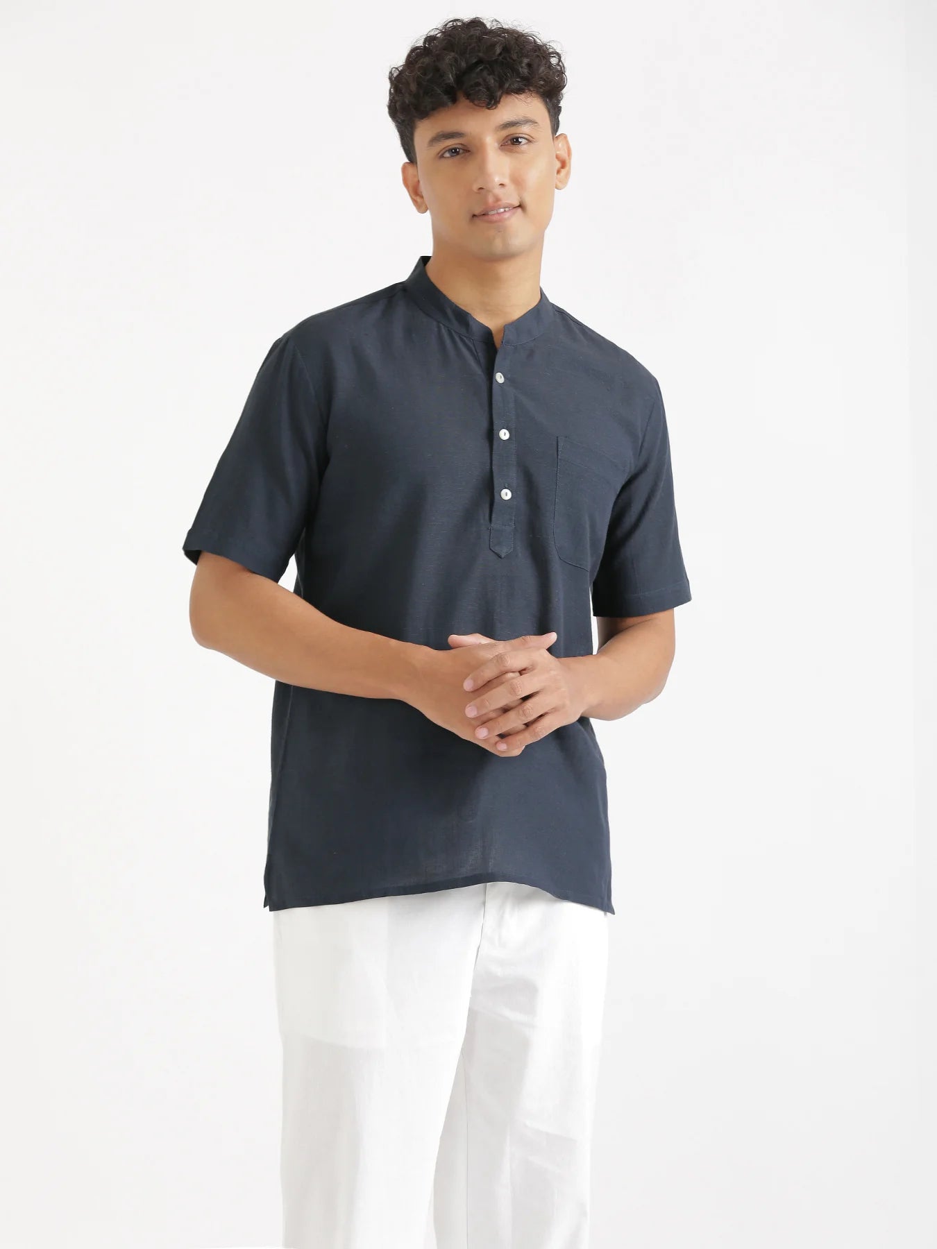 Men Flowy Linen Half Sleeve Navy Blue Kurta