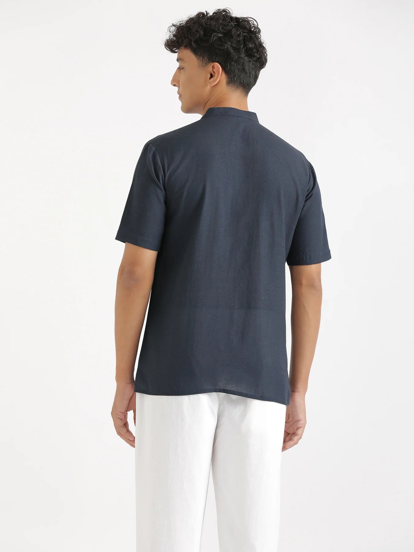 Men Flowy Linen Half Sleeve Navy Blue Kurta