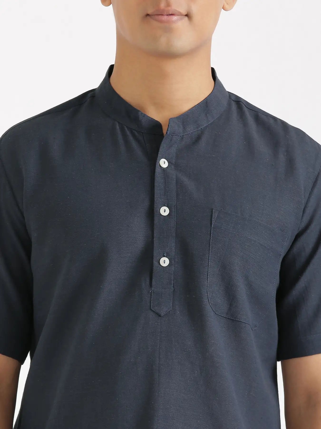 Men Flowy Linen Half Sleeve Navy Blue Kurta