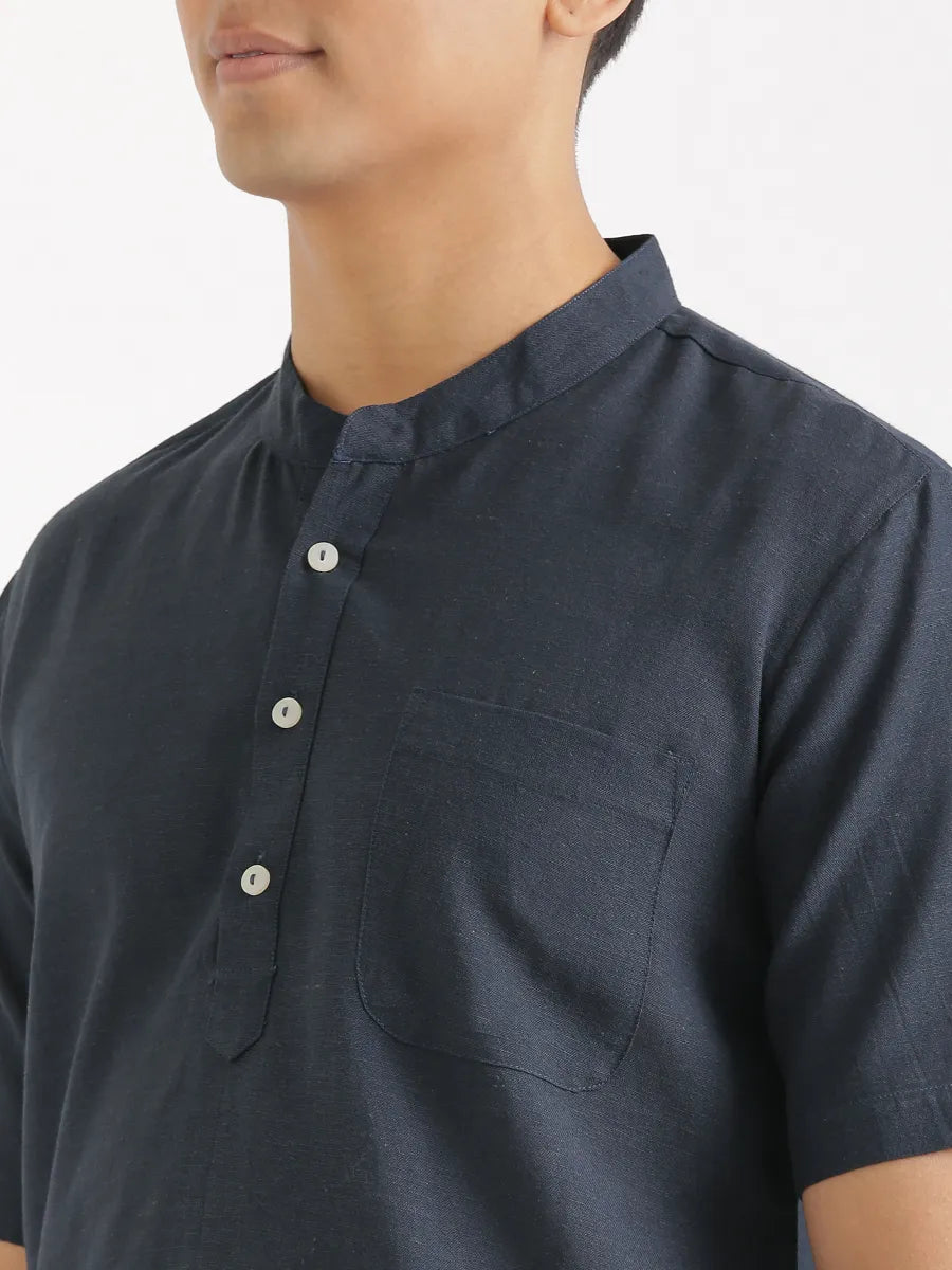 Men Flowy Linen Half Sleeve Navy Blue Kurta