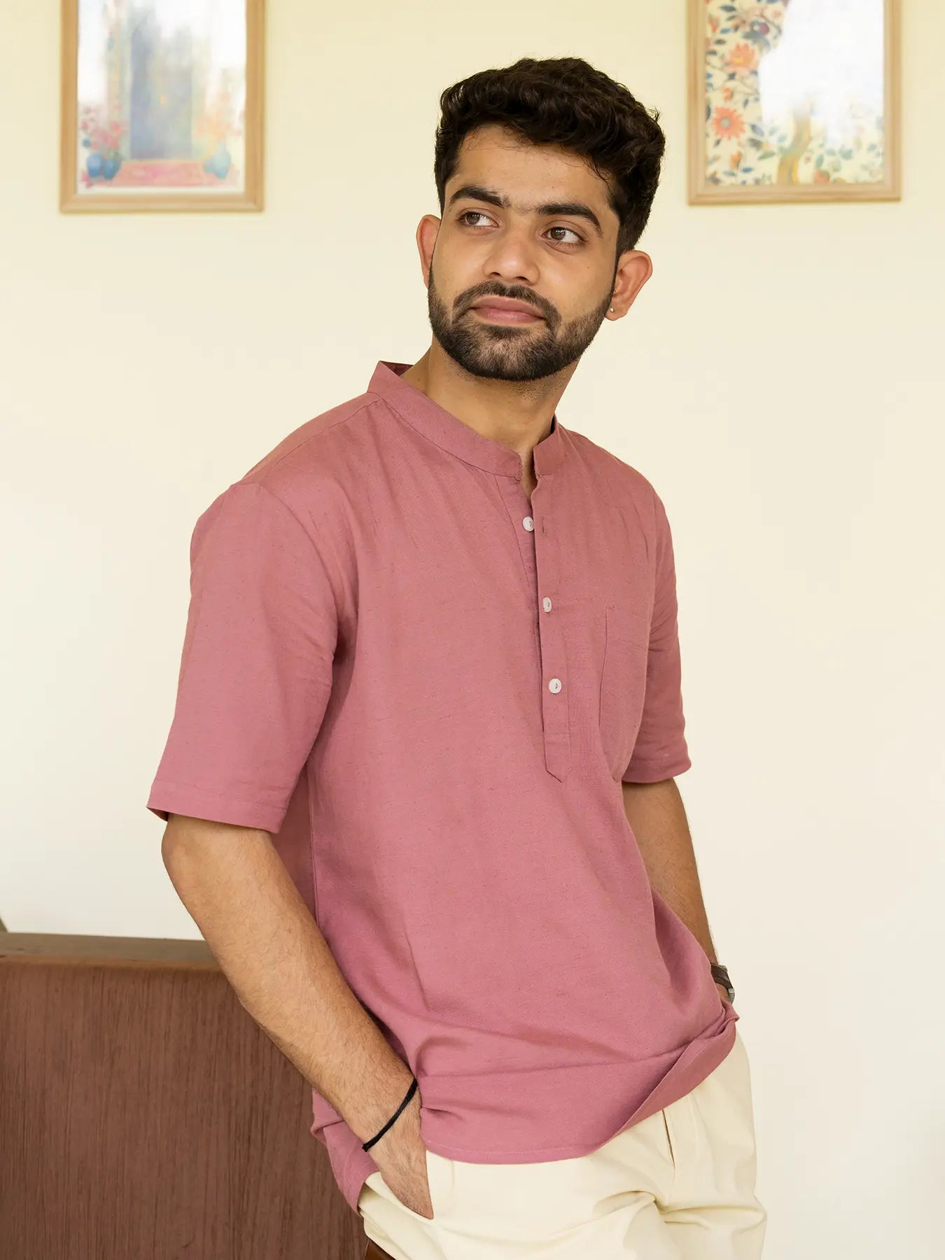Men Flowy Linen Half Sleeve Rose Taupe Kurta