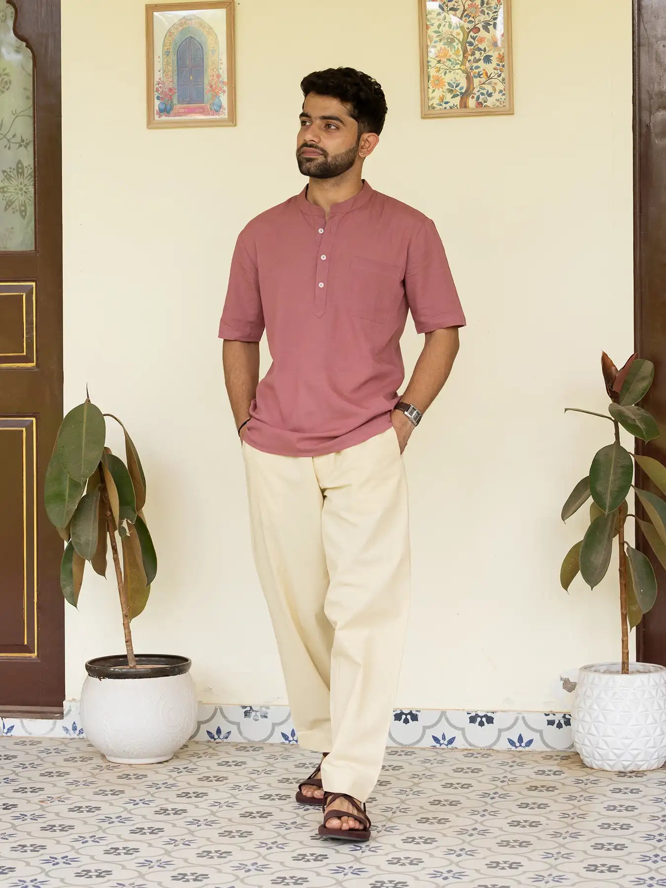 Men Flowy Linen Half Sleeve Rose Taupe Kurta