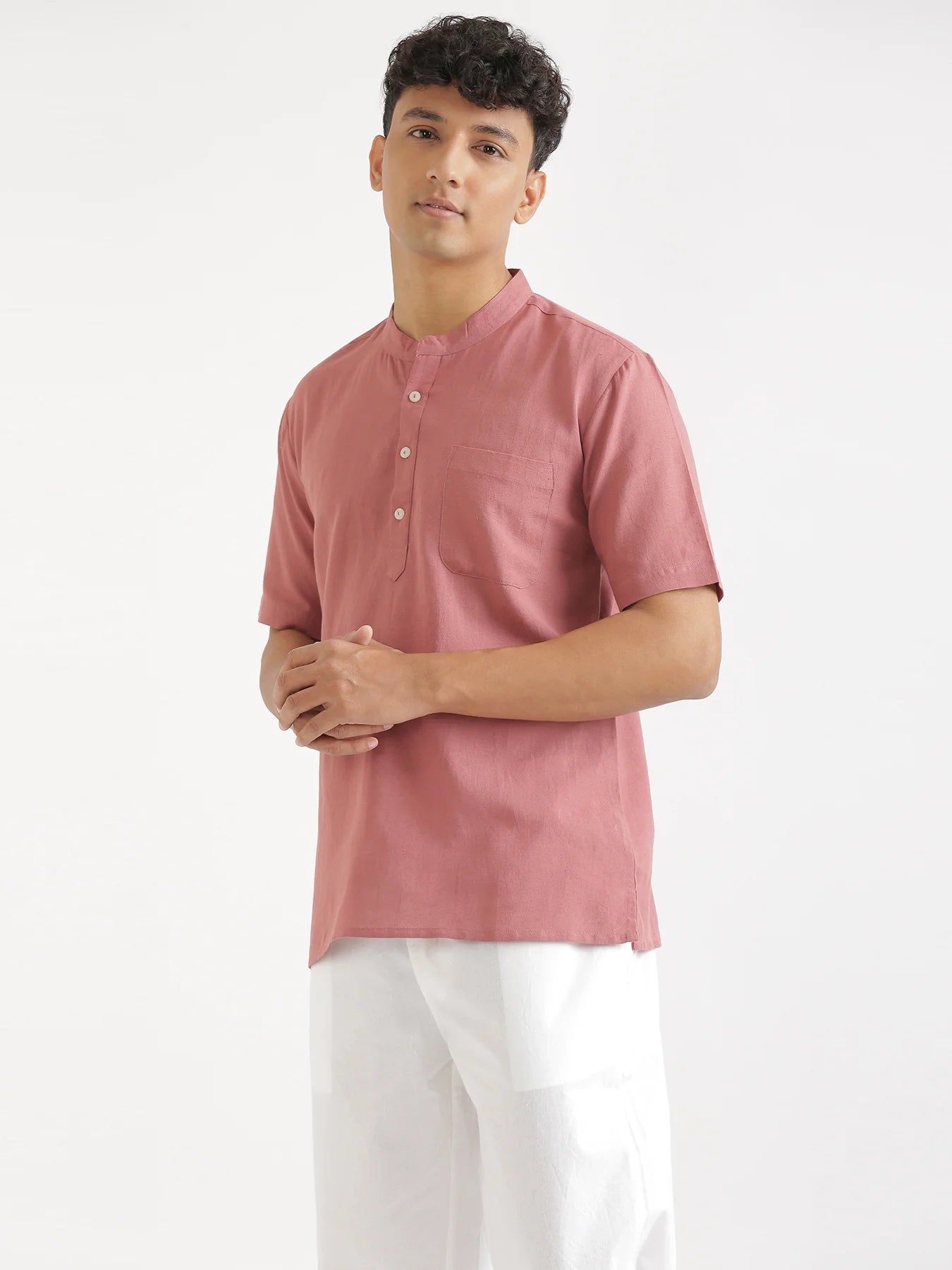 Men Flowy Linen Half Sleeve Rose Taupe Kurta