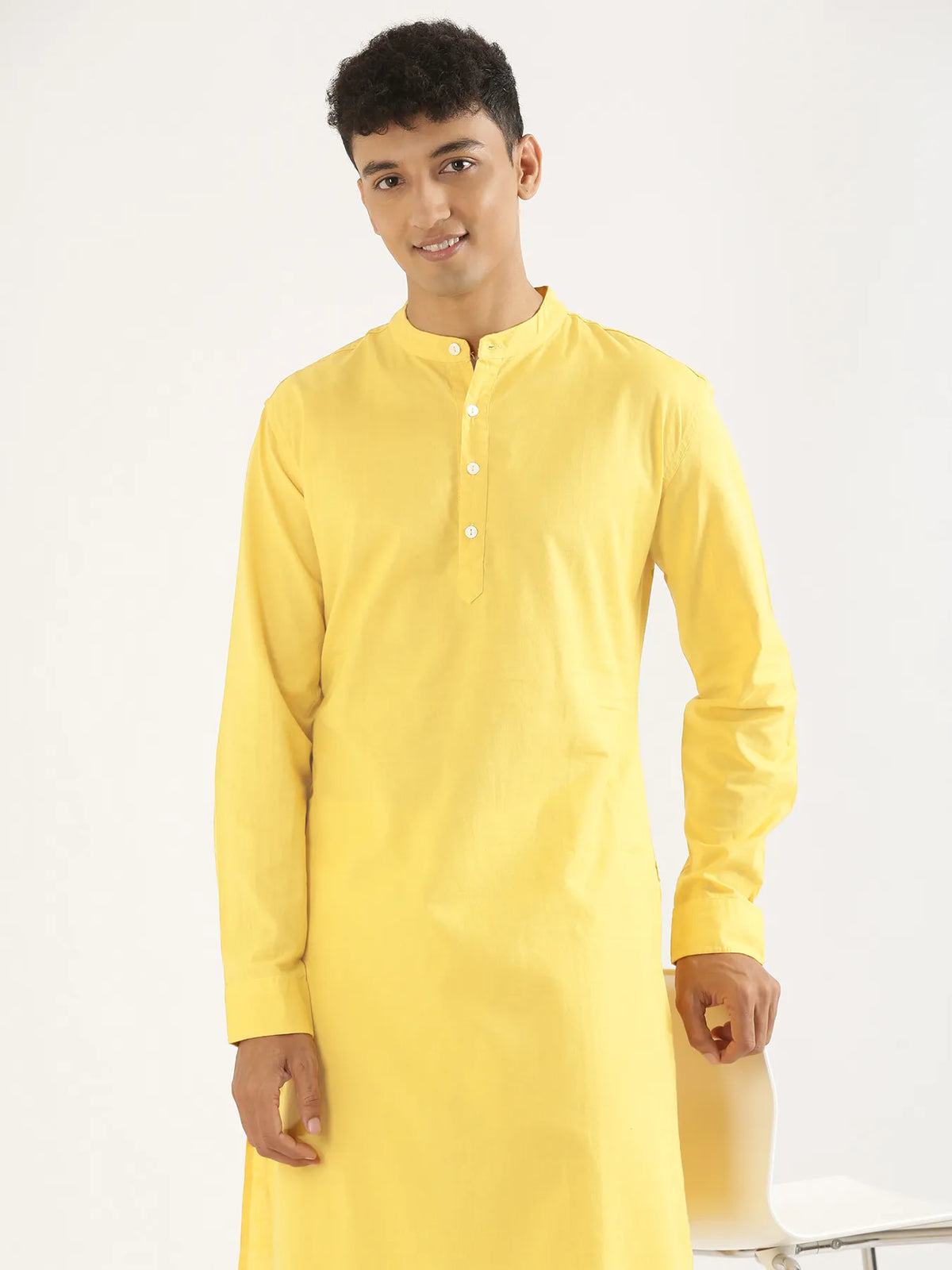 Pick Any 3 Men Airy Linen Long Kurta - Lemon Yellow