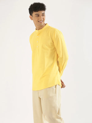 Men Lemon Yellow Airy Linen Short Kurta