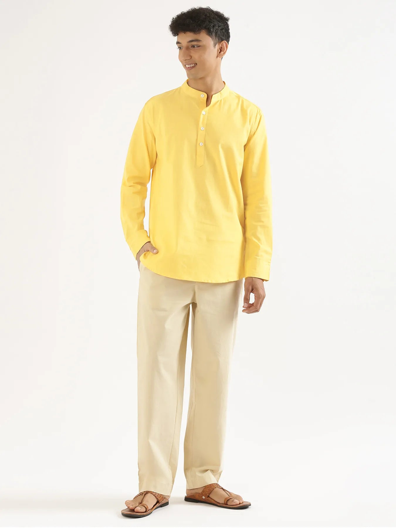 Men Lemon Yellow Airy Linen Short Kurta